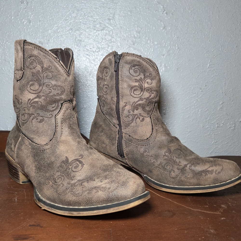 Roper Shorty Floral Laser Tooled Embossed Western Ankle Boots Womens 7.5 Zip Up